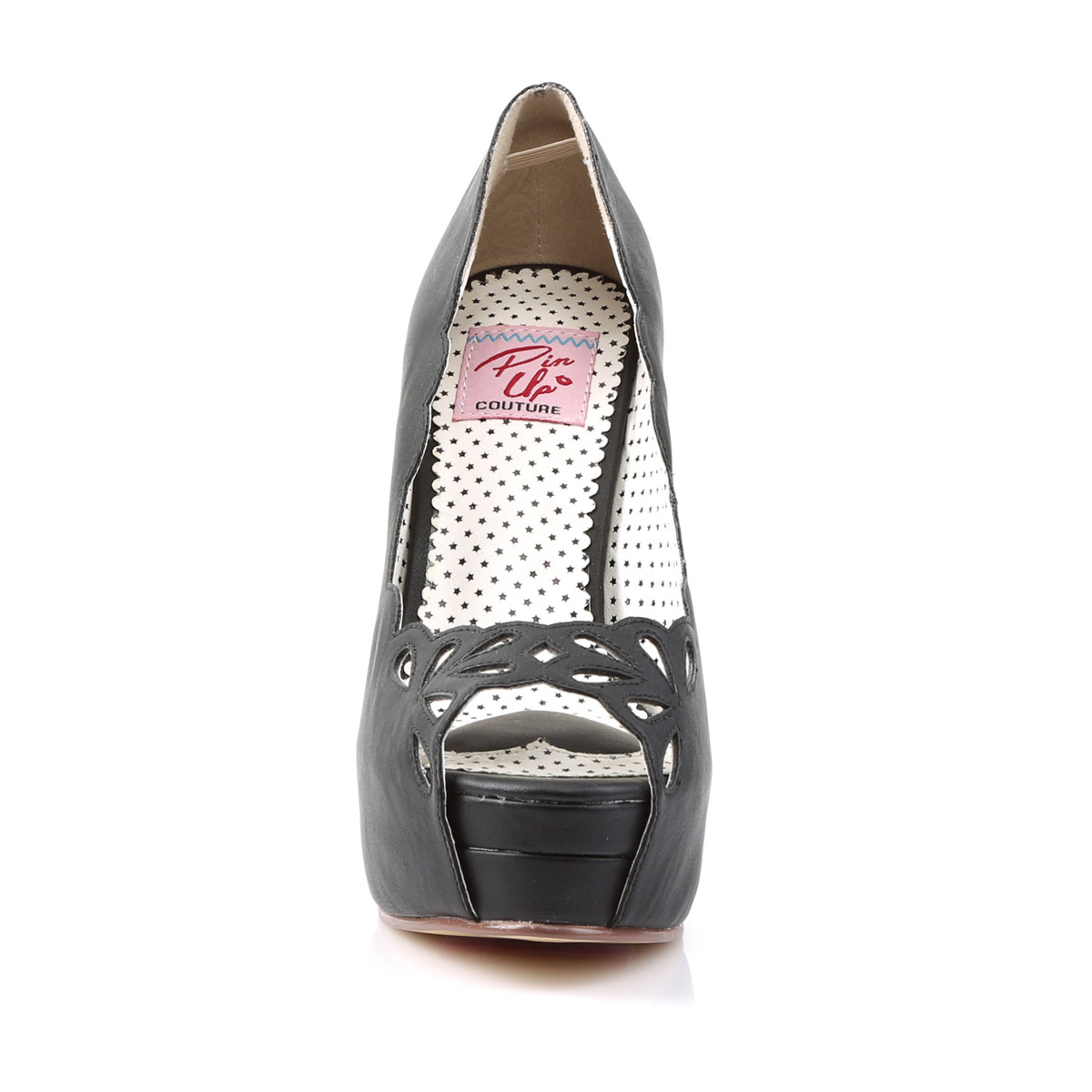 Pin Up Couture Bella-30 BPU - Čierne lodičky s otvorenou špičkou na platforme s vysokými podpätkami