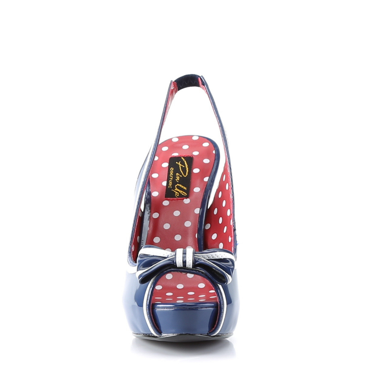 Pin Up Couture Bettie-05 NBPT - Lesklé modré lodičky s otvorenou špičkou a voľnou pätou