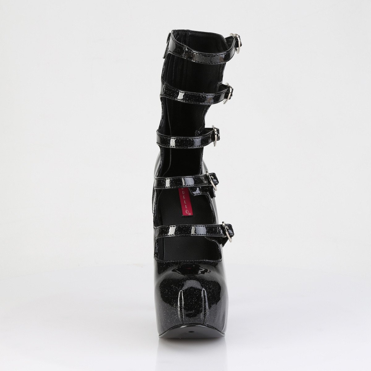 Bordello Teeze-23 B - Lesklé čierne lodičky s remienkami na platforme s vysokými podpätkami