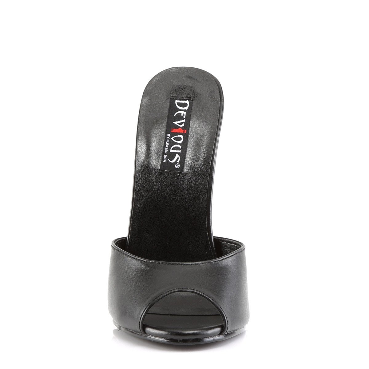 Devious Domina-101 B/LE - Čierne kožené šľapky na vysokom podpätku