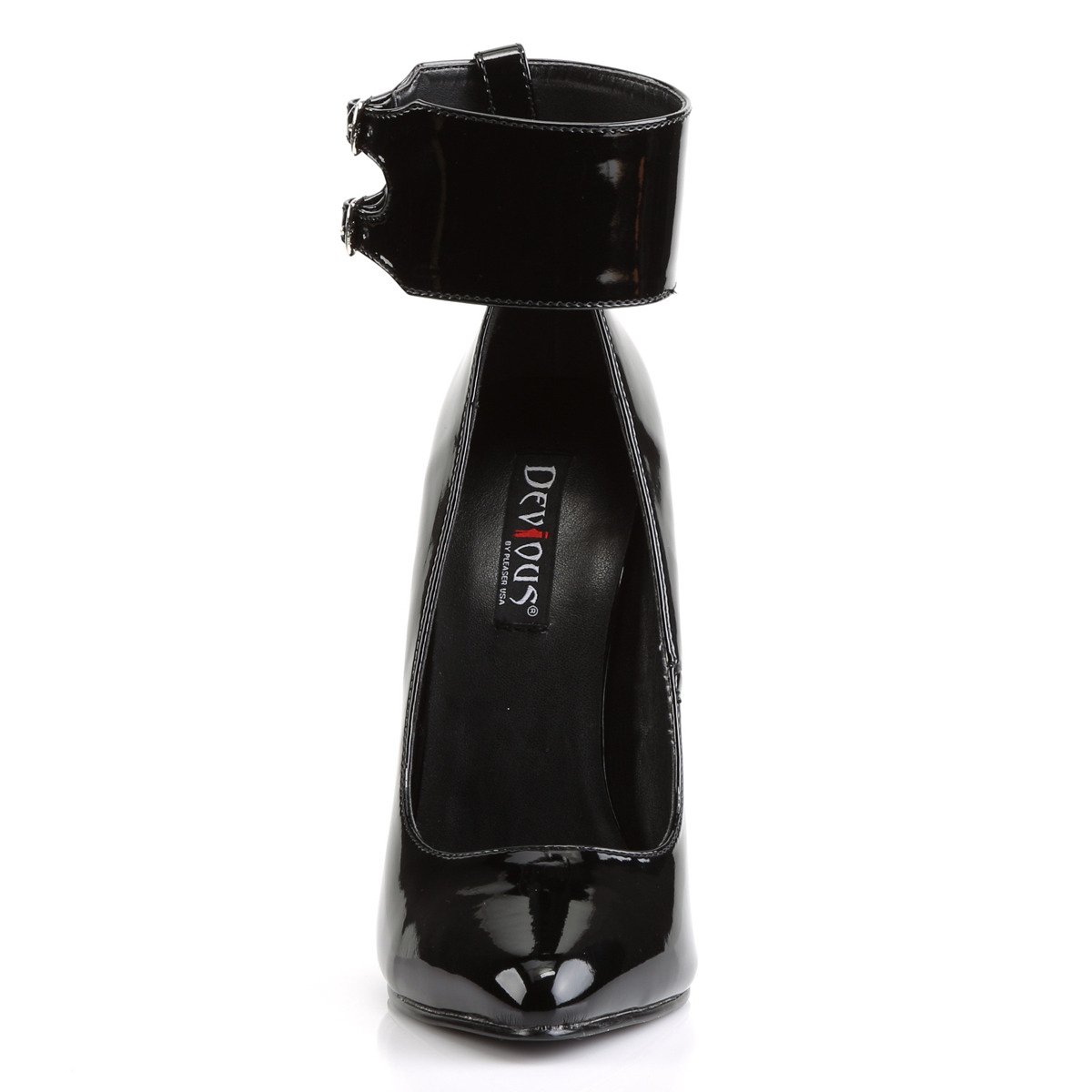 Devious Domina-434 B - Lesklé čierne lodičky s remienkami na vysokom podpätku