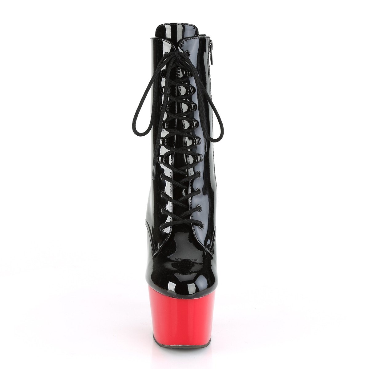 Pleaser Adore-1020 B/R - Lesklé čierne kotníkové čižmy na vysokej platforme