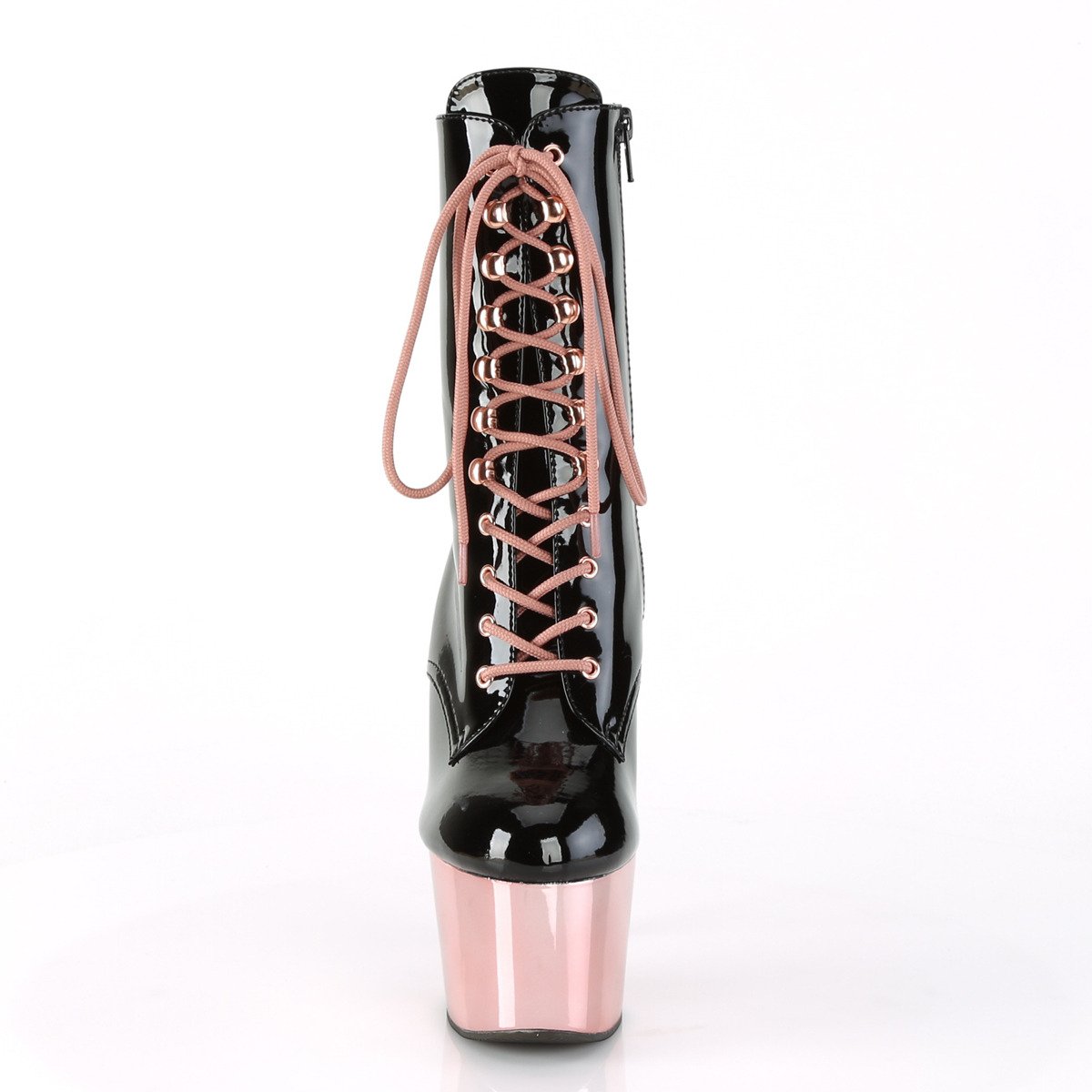 Pleaser Adore-1020 B/ROGLDCH - Lesklé čierne kotníkové čižmy na vysokej platforme