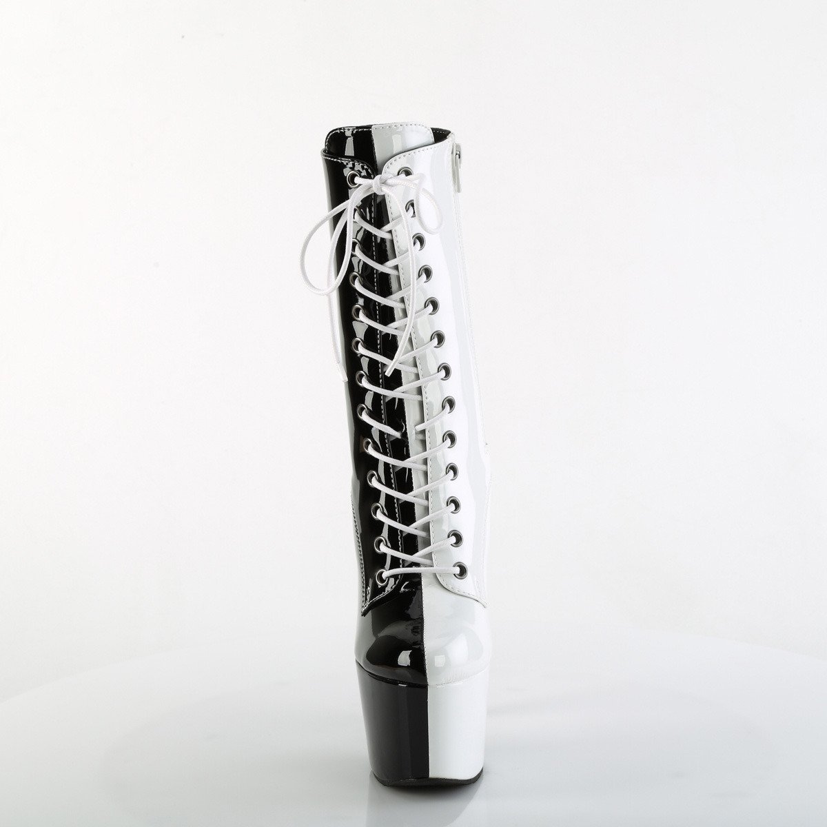 Pleaser Adore-1040TT B-W/M - Lesklé čierne kotníkové čižmy na vysokej platforme