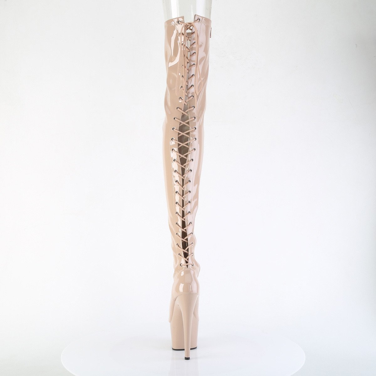 Pleaser Adore-3850 ND/M - Lesklé béžové čižmy nad kolená na vysokej platforme