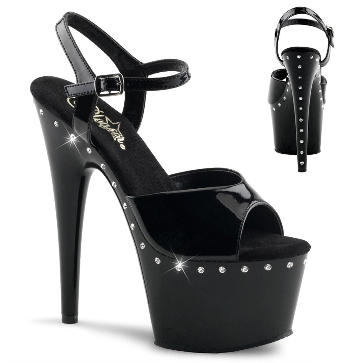 Pleaser Adore-709LS B/M - Lesklé čierne sandále na vysokej platforme