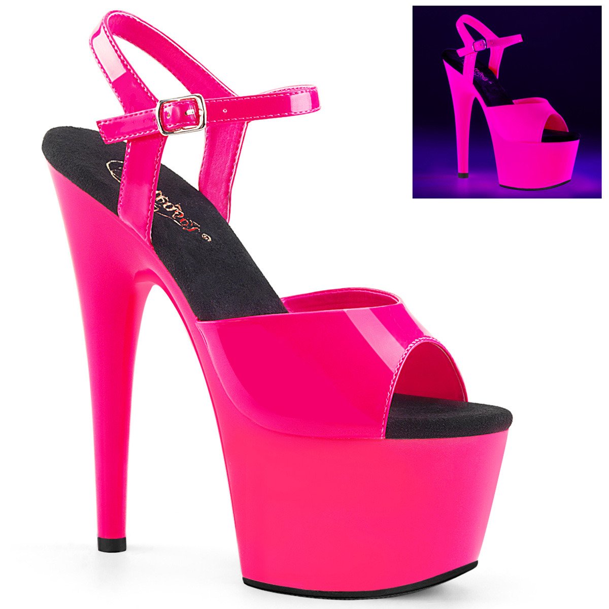 Pleaser Adore-709UV NHP/M - Lesklé ružové uv reaktívne sandále na vysokej platforme