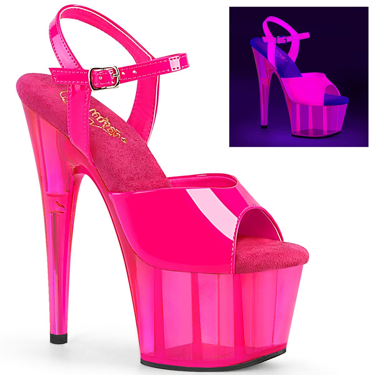Pleaser Adore-709UVT NHP/M - Lesklé ružové uv reaktívne sandále na vysokej platforme