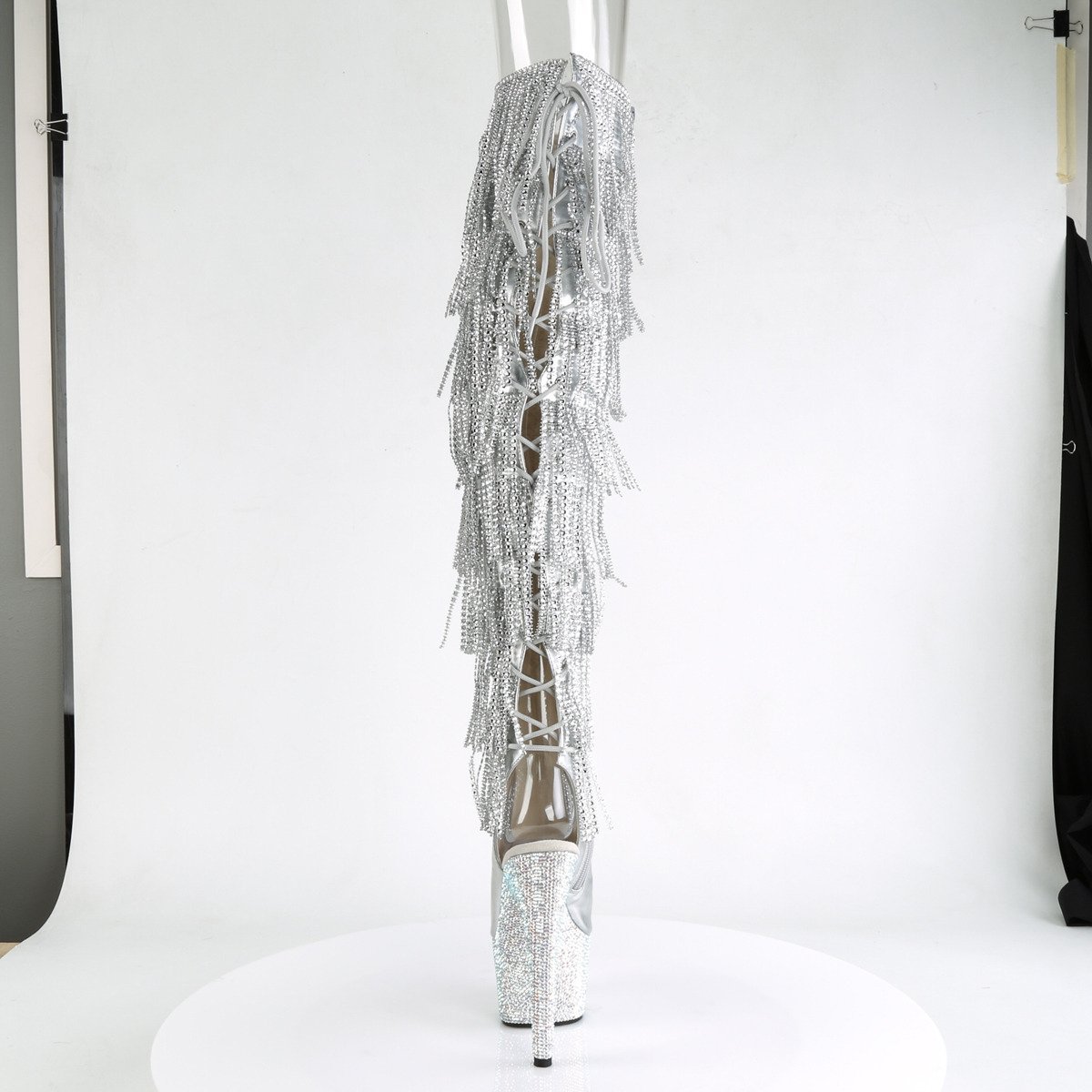 Pleaser Bejeweled-3019RSF-7 SMPU/M - Strieborné čižmy s otvorenou špičkou na vysokej platforme