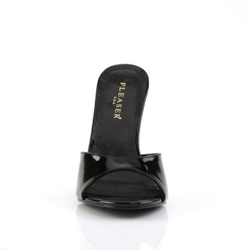 Pleaser Classique-01 B - Klasické čierne lakované nazúvacie šľapky s otvorenou špičkou na ihličkovom podpätku – čistý, nadčasový model kolekcie Classique od Pleaser bez platformy, ktorý sa nosí doma, na slávnostných príležitostiach aj pri zvábeníd. Ihličkový podpätok s pätkou v tvare podkovy, výška 10 cm, bez platformy. Nazúvací strih s pásikom cez nárt, otvorená špička pre vzdušný look. Zvršok z lakovaného materiálu (patent), stielka a podšívka semi-PU, podrážka guma.