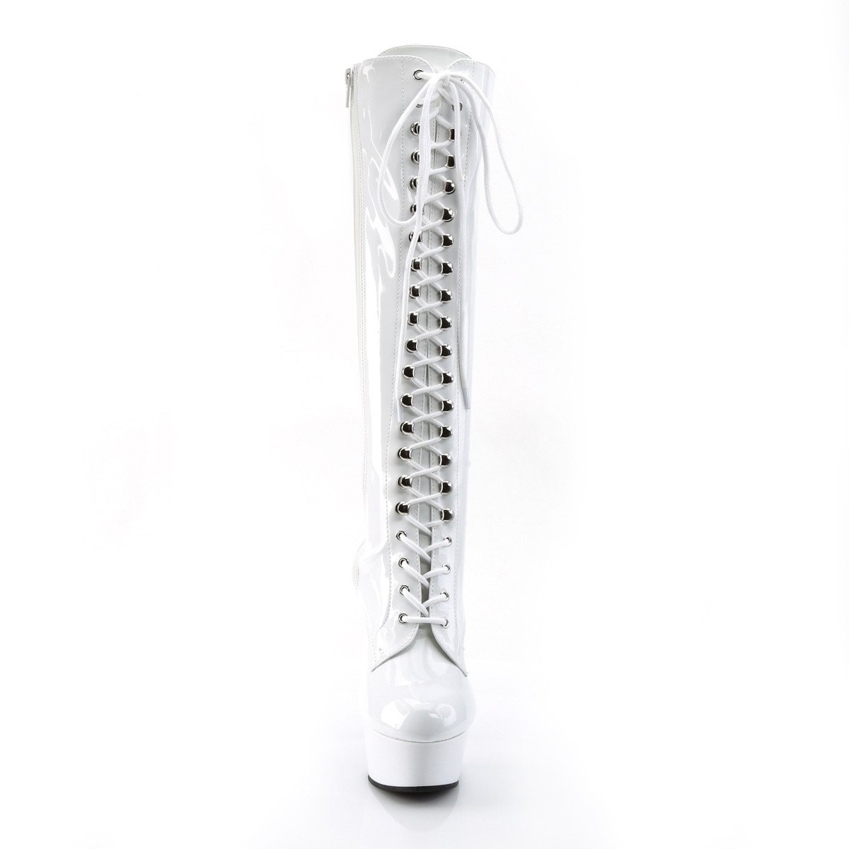 Pleaser Delight-2023 W/M - Lesklé biele čižmy na platforme s vysokými podpätkami