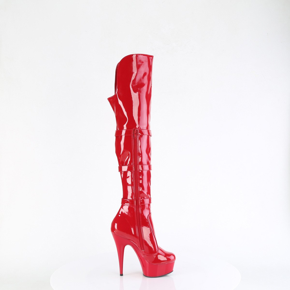 Pleaser Delight-3018 R/M - Lesklé červené čižmy nad kolená na platforme s vysokými podpätkami