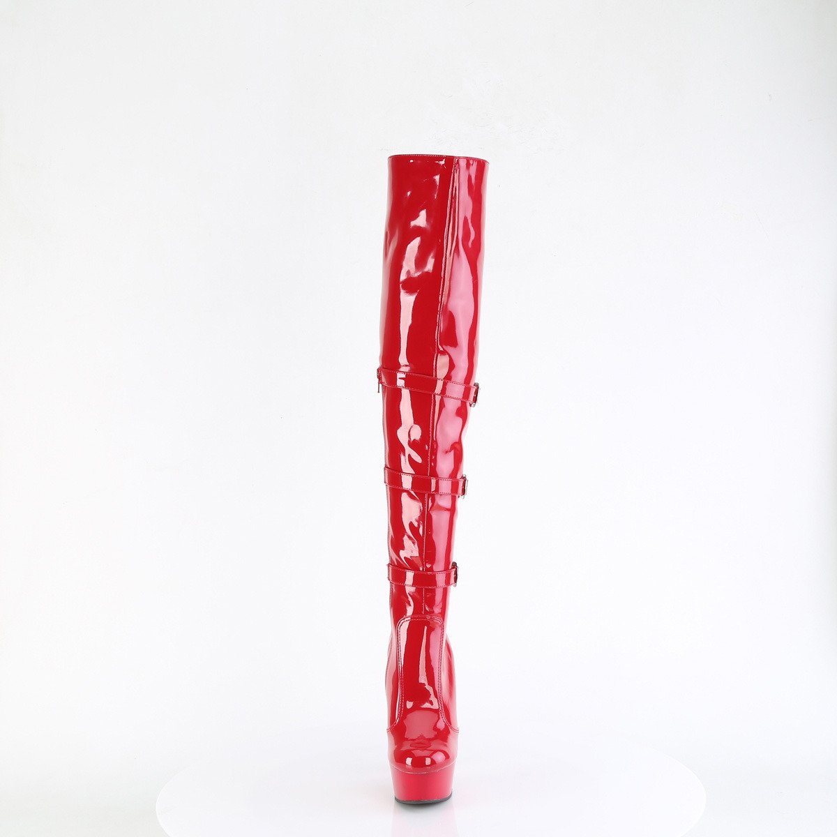Pleaser Delight-3018 R/M - Lesklé červené čižmy nad kolená na platforme s vysokými podpätkami