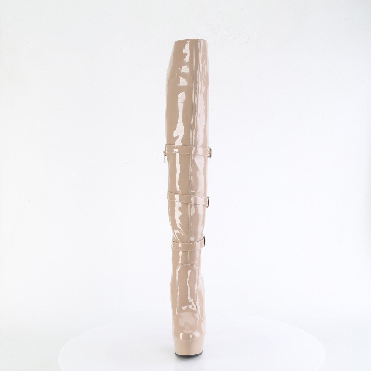 Pleaser Delight-3018 ND/M - Lesklé béžové čižmy nad kolená na platforme s vysokými podpätkami