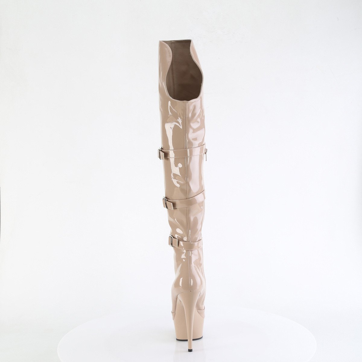 Pleaser Delight-3018 ND/M - Lesklé béžové čižmy nad kolená na platforme s vysokými podpätkami