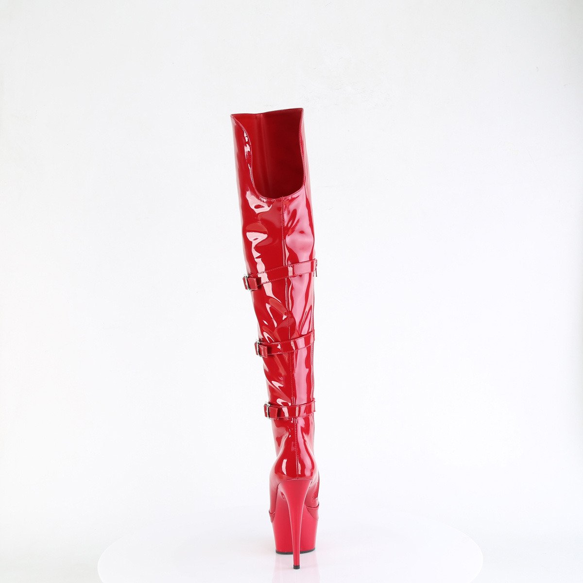 Pleaser Delight-3018 R/M - Lesklé červené čižmy nad kolená na platforme s vysokými podpätkami