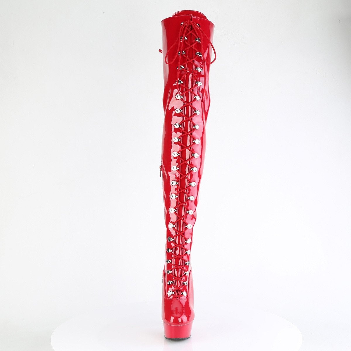 Pleaser Delight-3022 R/M - Lesklé červené čižmy nad kolená na platforme s vysokými podpätkami