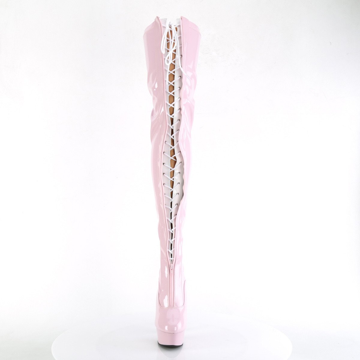 Pleaser Delight-3027 BP-W/BP - Lesklé ružové čižmy nad kolená na platforme s vysokými podpätkami