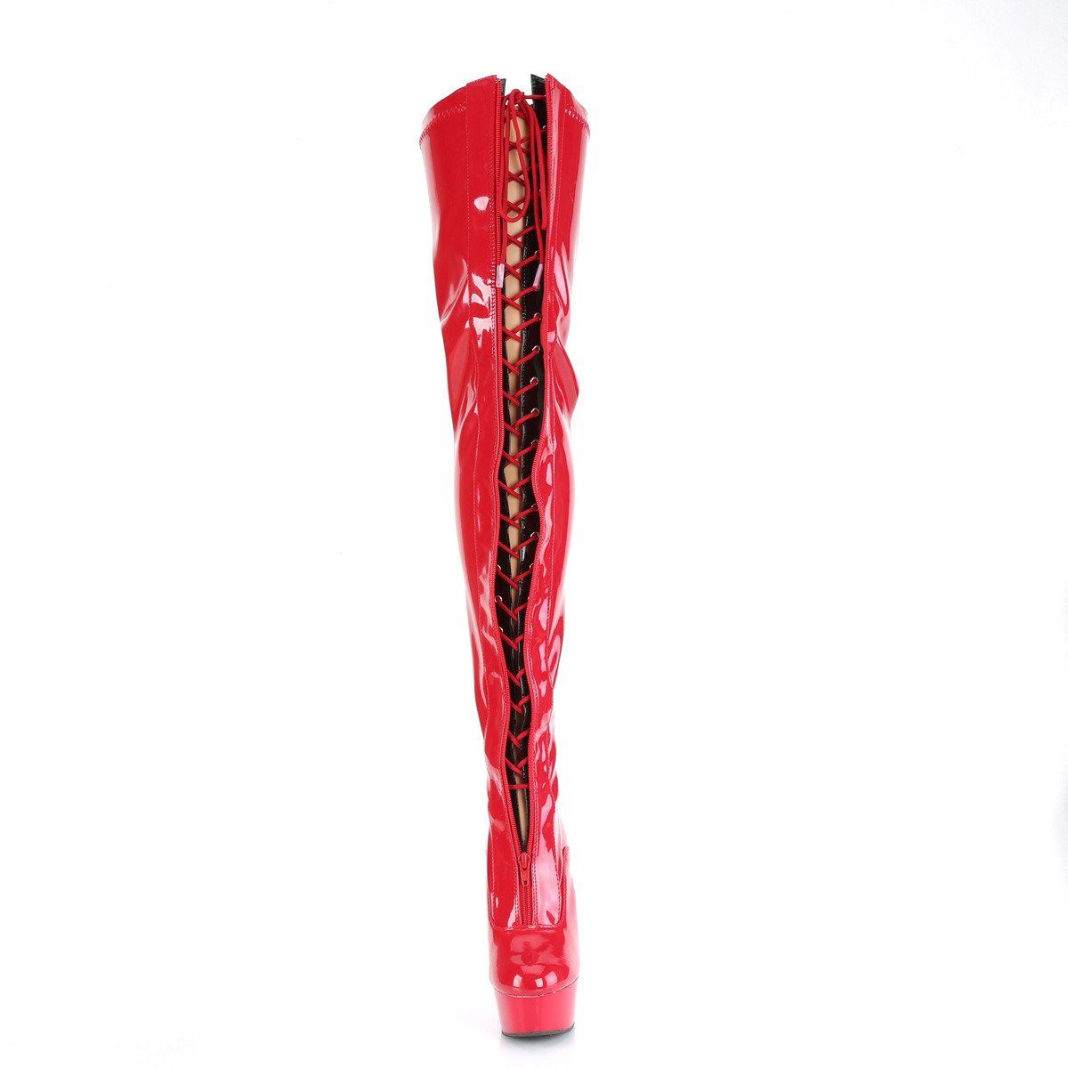 Pleaser Delight-3027 R-B/R - Lesklé červené čižmy nad kolená na platforme s vysokými podpätkami
