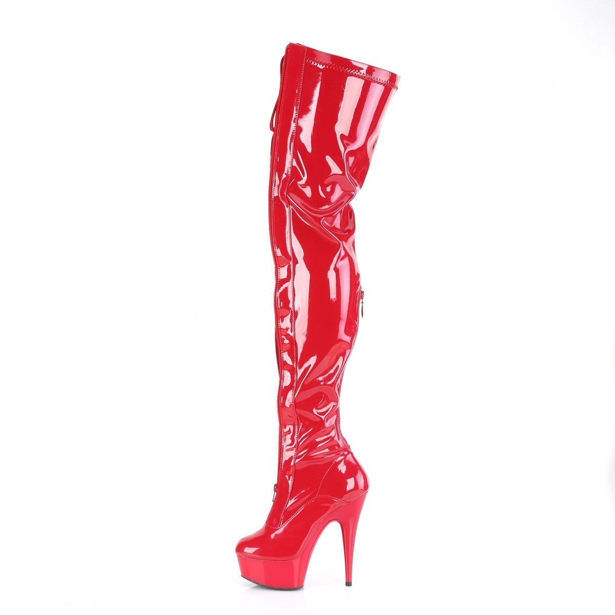 Pleaser Delight-3027 R-B/R - Lesklé červené čižmy nad kolená na platforme s vysokými podpätkami