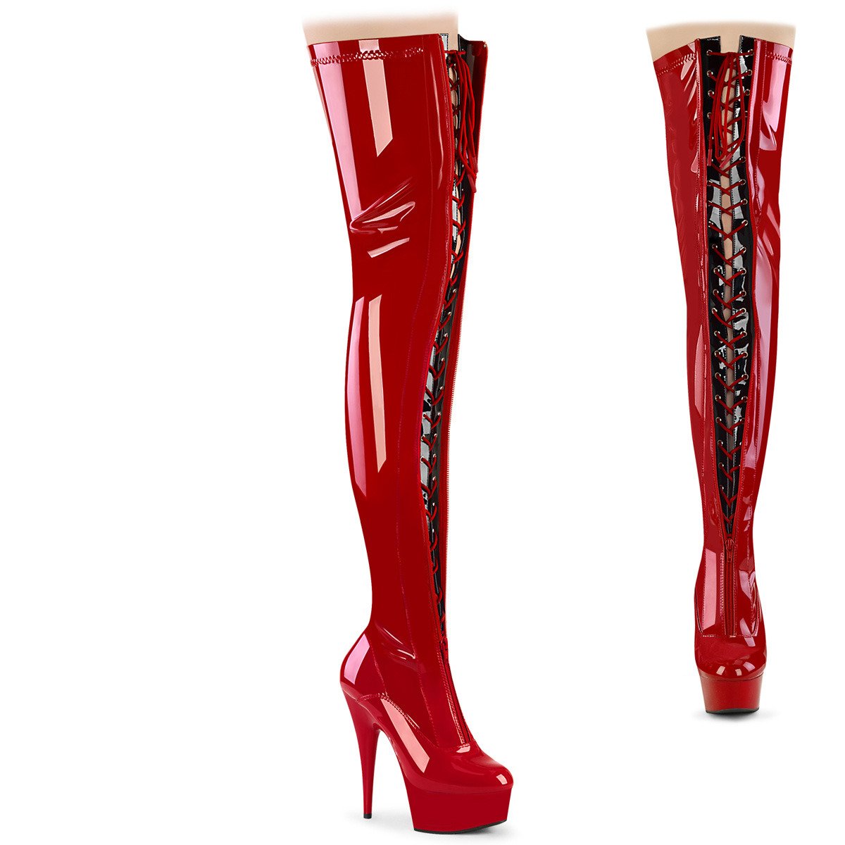 Pleaser Delight-3027 R-B/R - Lesklé červené čižmy nad kolená na platforme s vysokými podpätkami