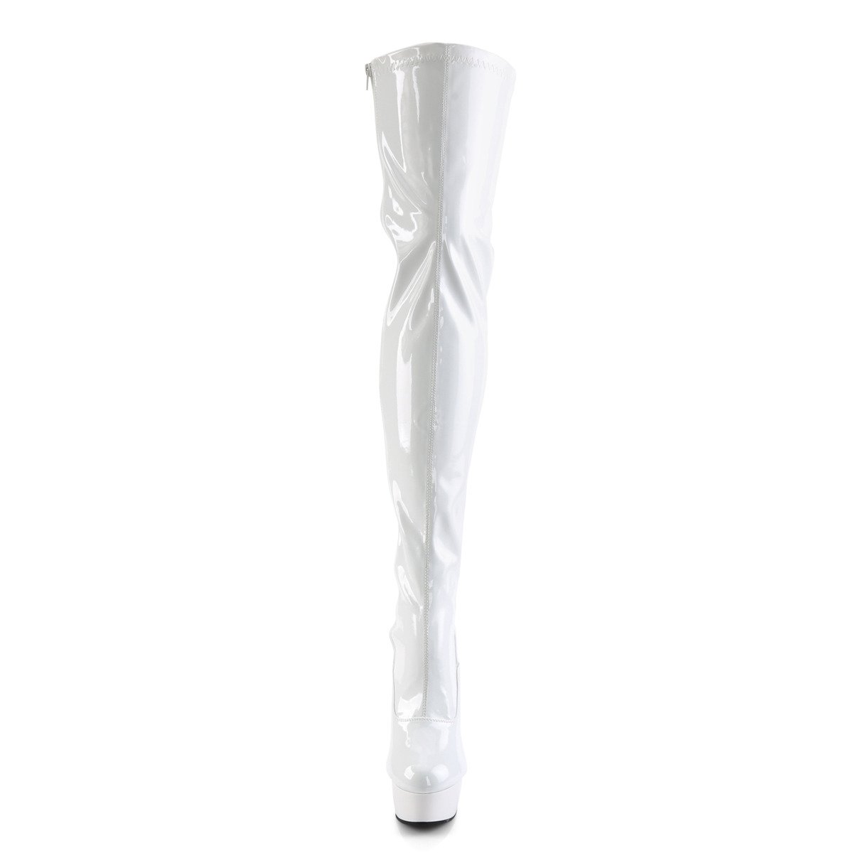 Pleaser Delight-3063 W/M - Lesklé biele čižmy nad kolená na platforme s vysokými podpätkami