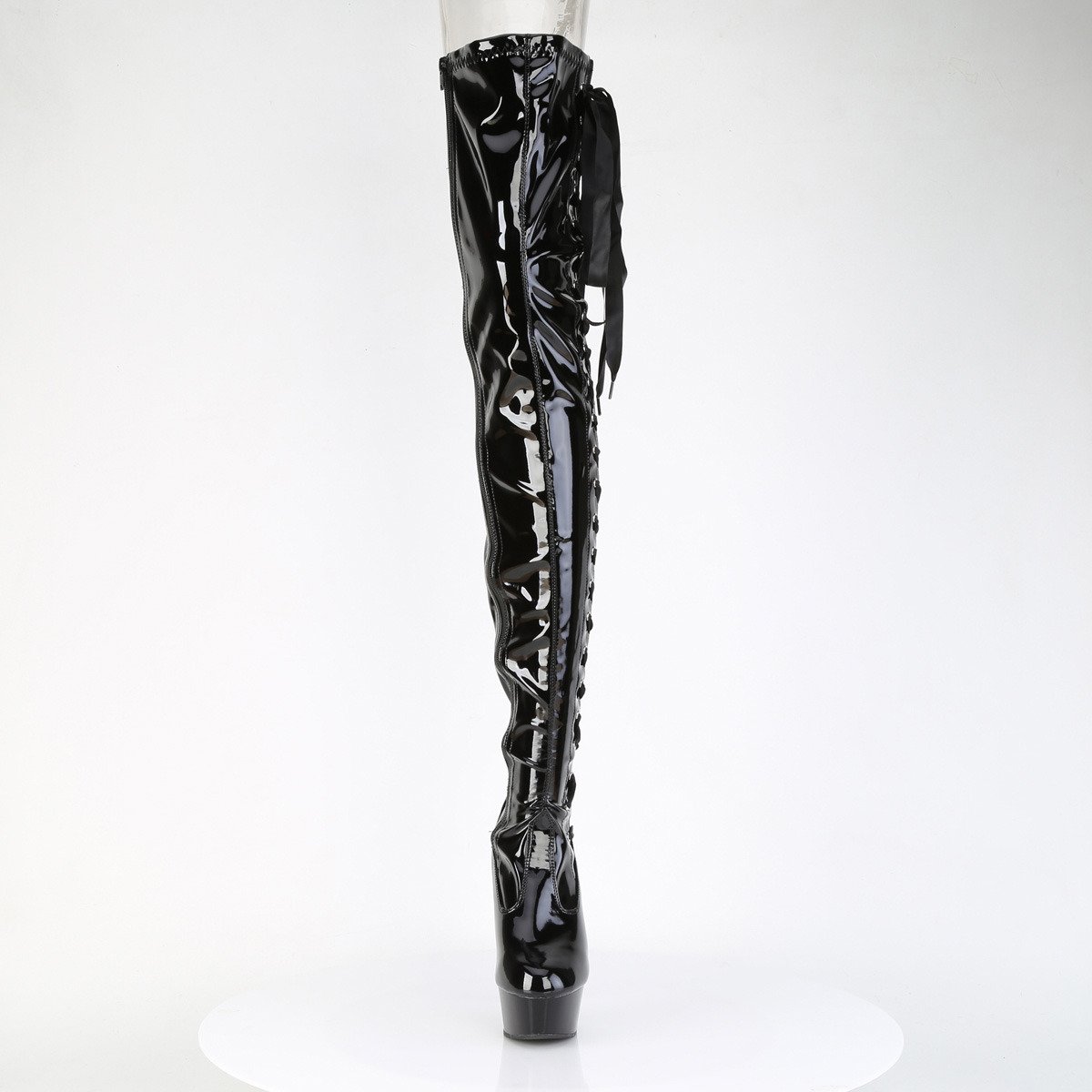 Pleaser Delight-4050 B/M - Lesklé čierne čižmy nad kolená na platforme s vysokými podpätkami