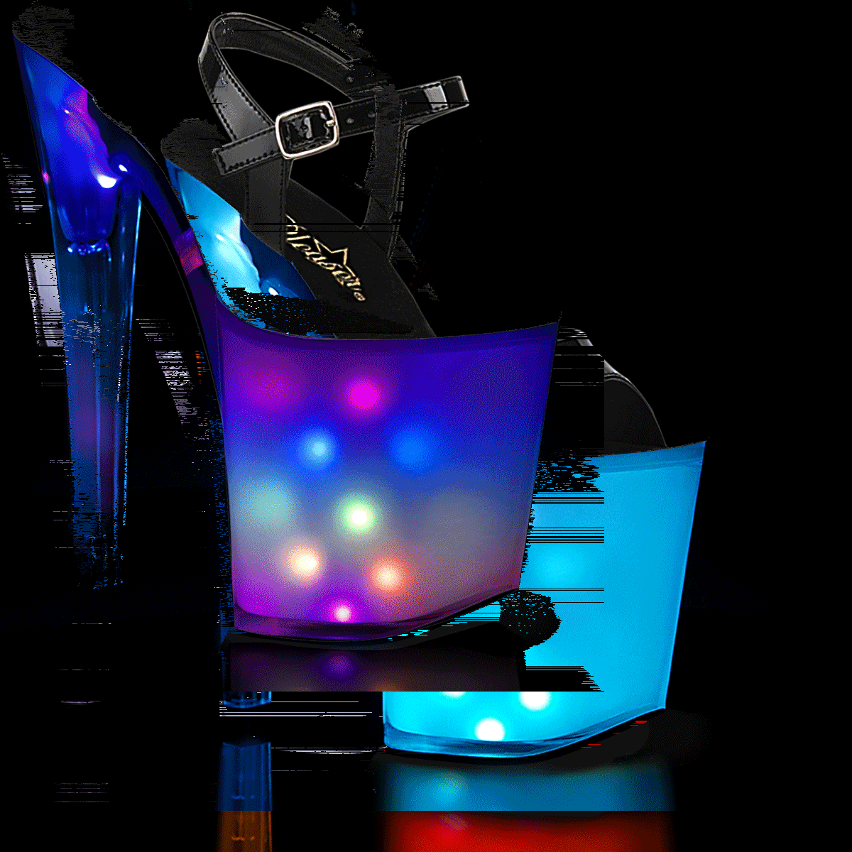 Pleaser Discolite-809 B/WGLOW - Lesklé čierne svietiace sandále na vysokej platforme