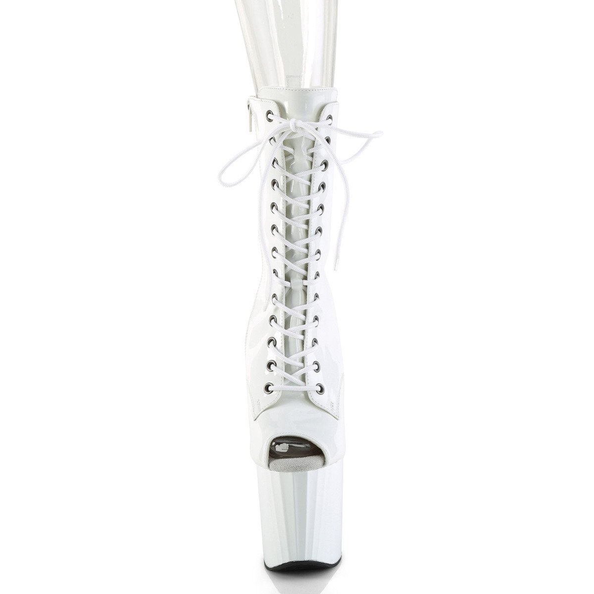 Pleaser Enchant-1041 W/M - Lesklé biele kotníkové čižmy na vysokej platforme