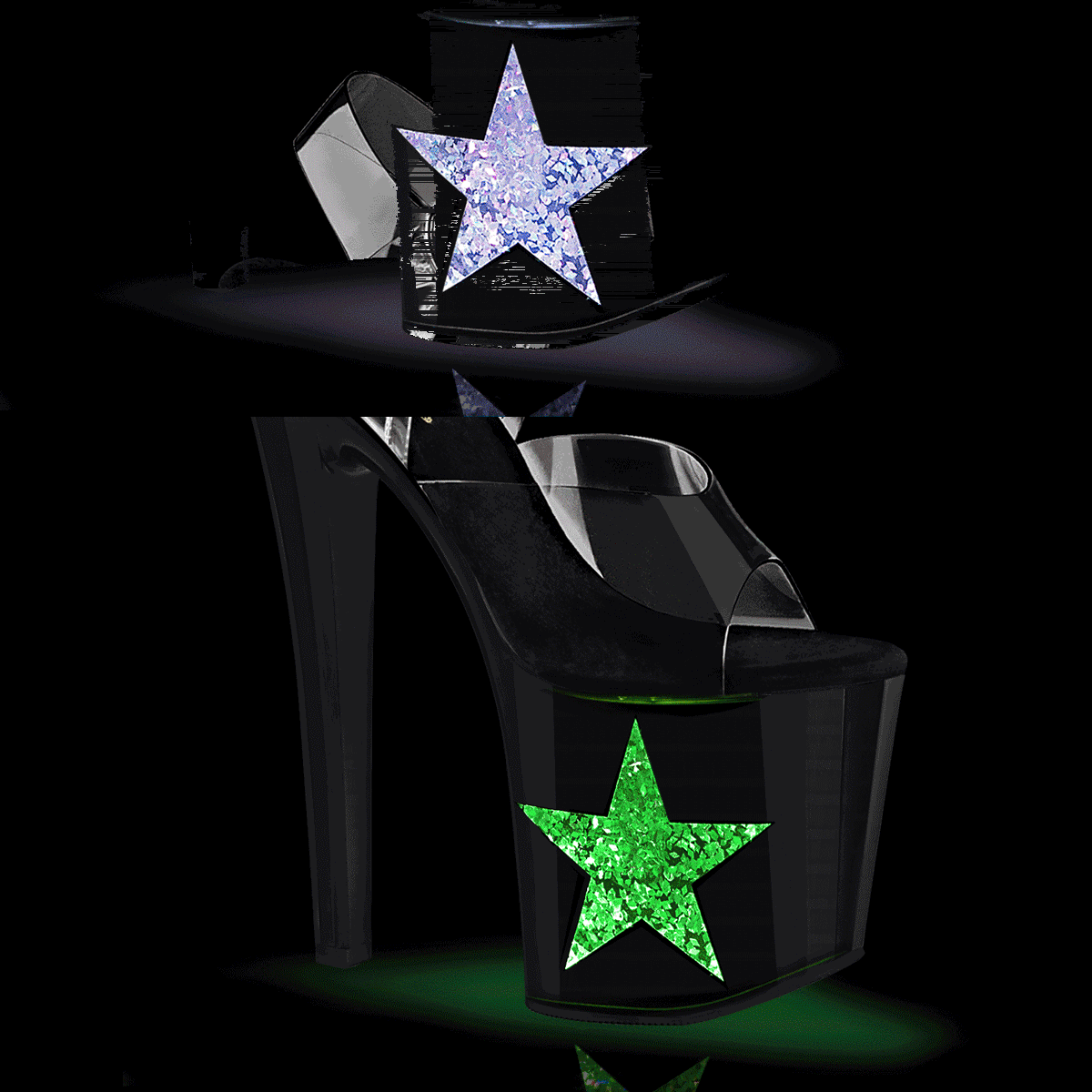 Pleaser Enchant-708LT-STAR C/B-SG - Priehľadné svietiace sandále na vysokej platforme