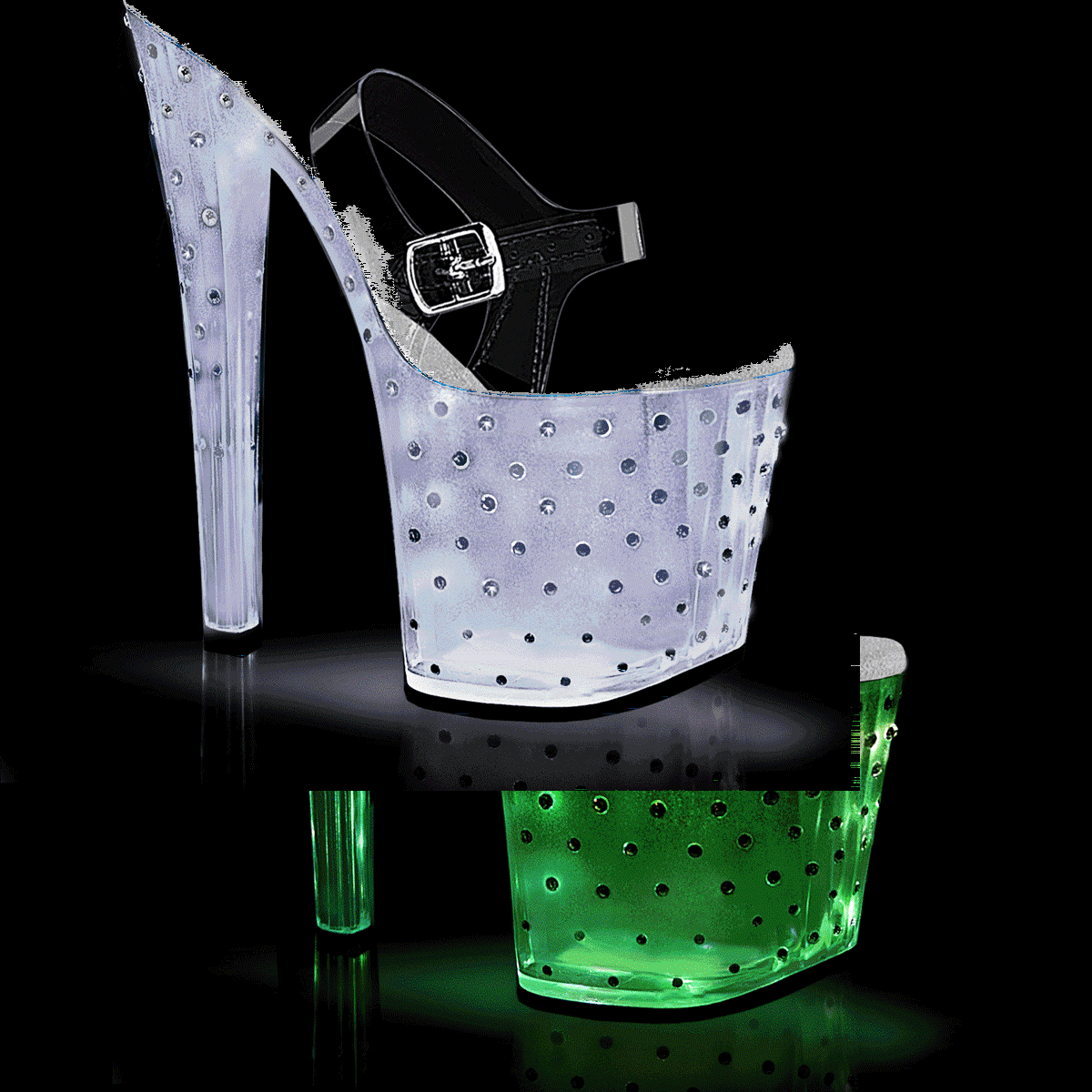 Pleaser Enchant-708T-LT C/C-S - Priehľadné svietiace sandále na vysokej platforme