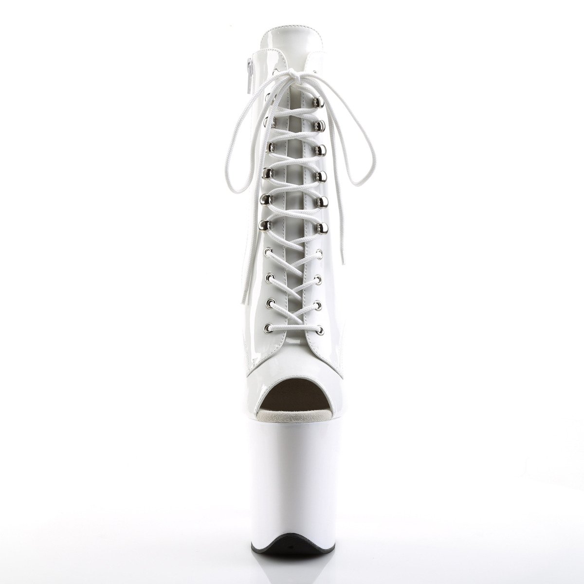 Pleaser Flamingo-1021 W/M - Lesklé biele kotníkové čižmy na vysokej platforme