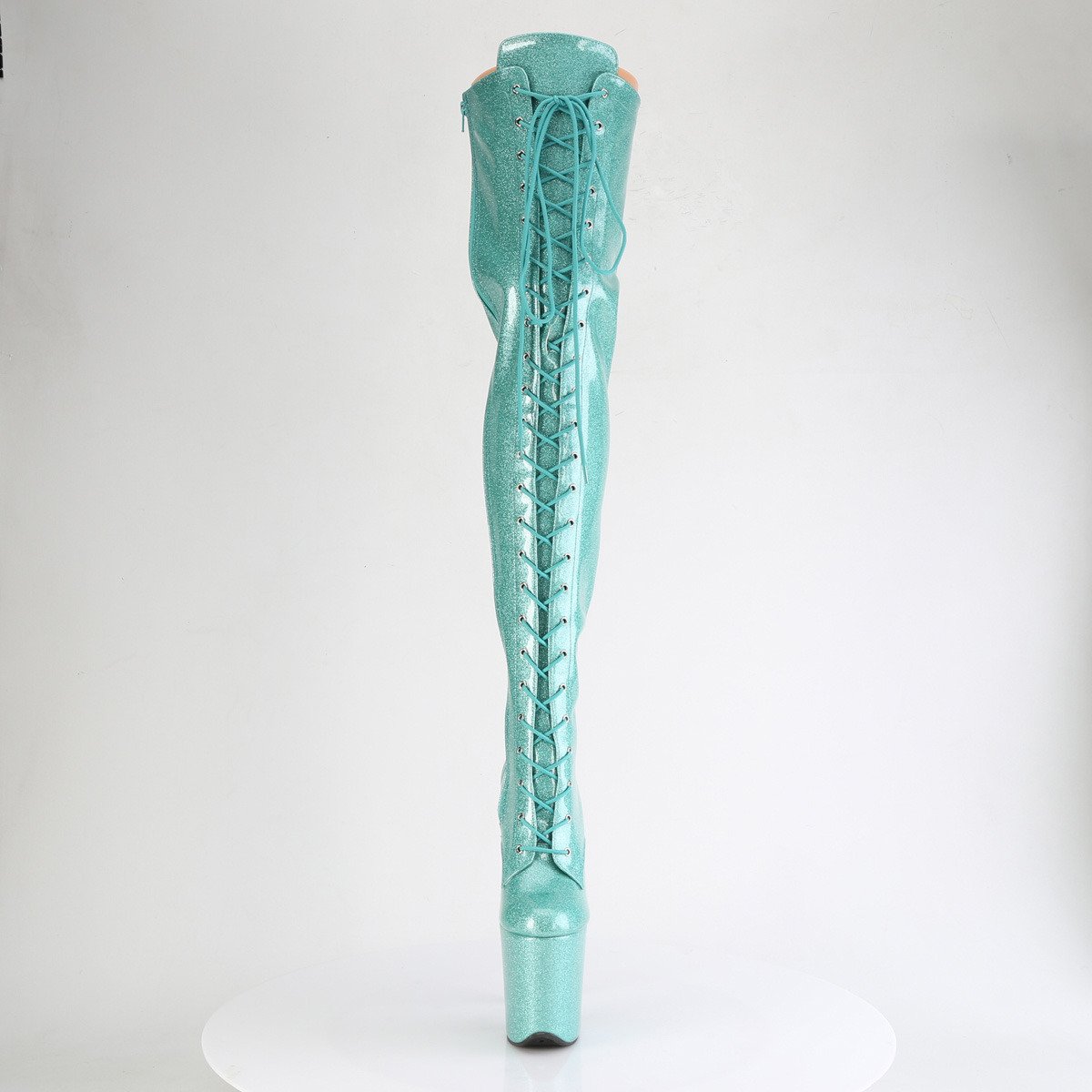 Pleaser Flamingo-3020GP AQG/M - Lesklé tyrkysové čižmy nad kolená na vysokej platforme