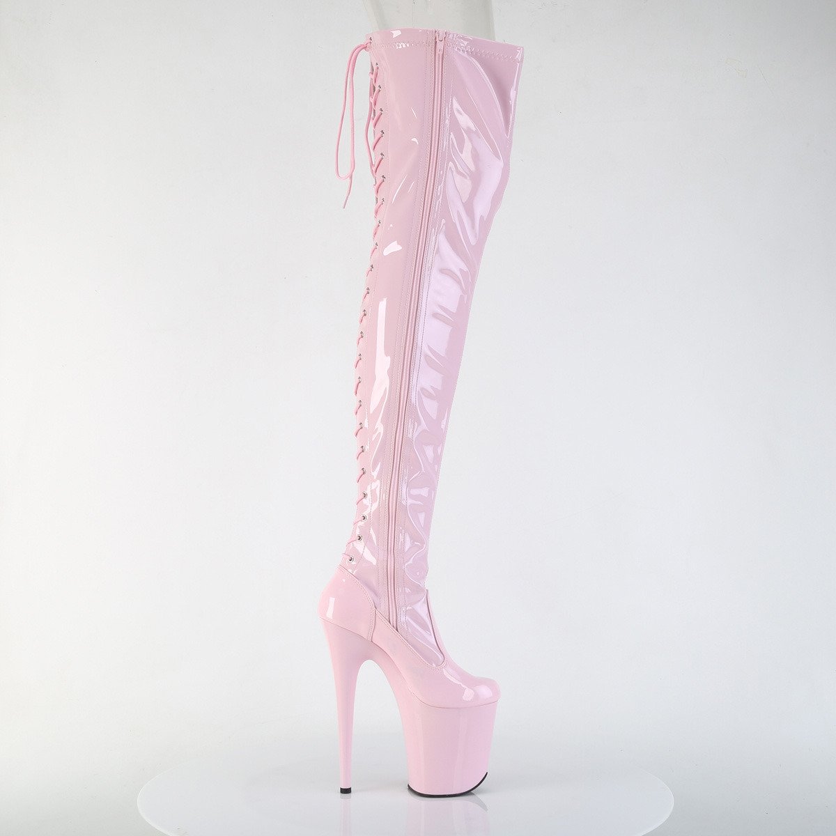 Pleaser Flamingo-3850 BP/M - Lesklé ružové čižmy nad kolená na vysokej platforme
