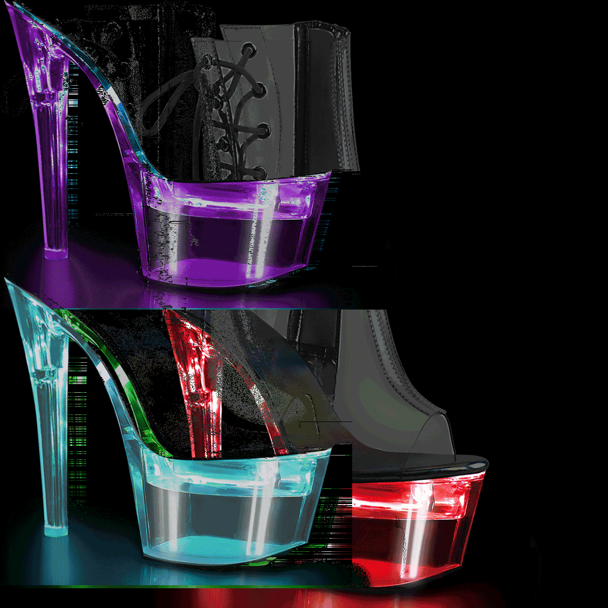 Pleaser Flashdance-1018C-7 C/M - Priehľadné svietiace čižmy s otvorenou špičkou na vysokej platforme
