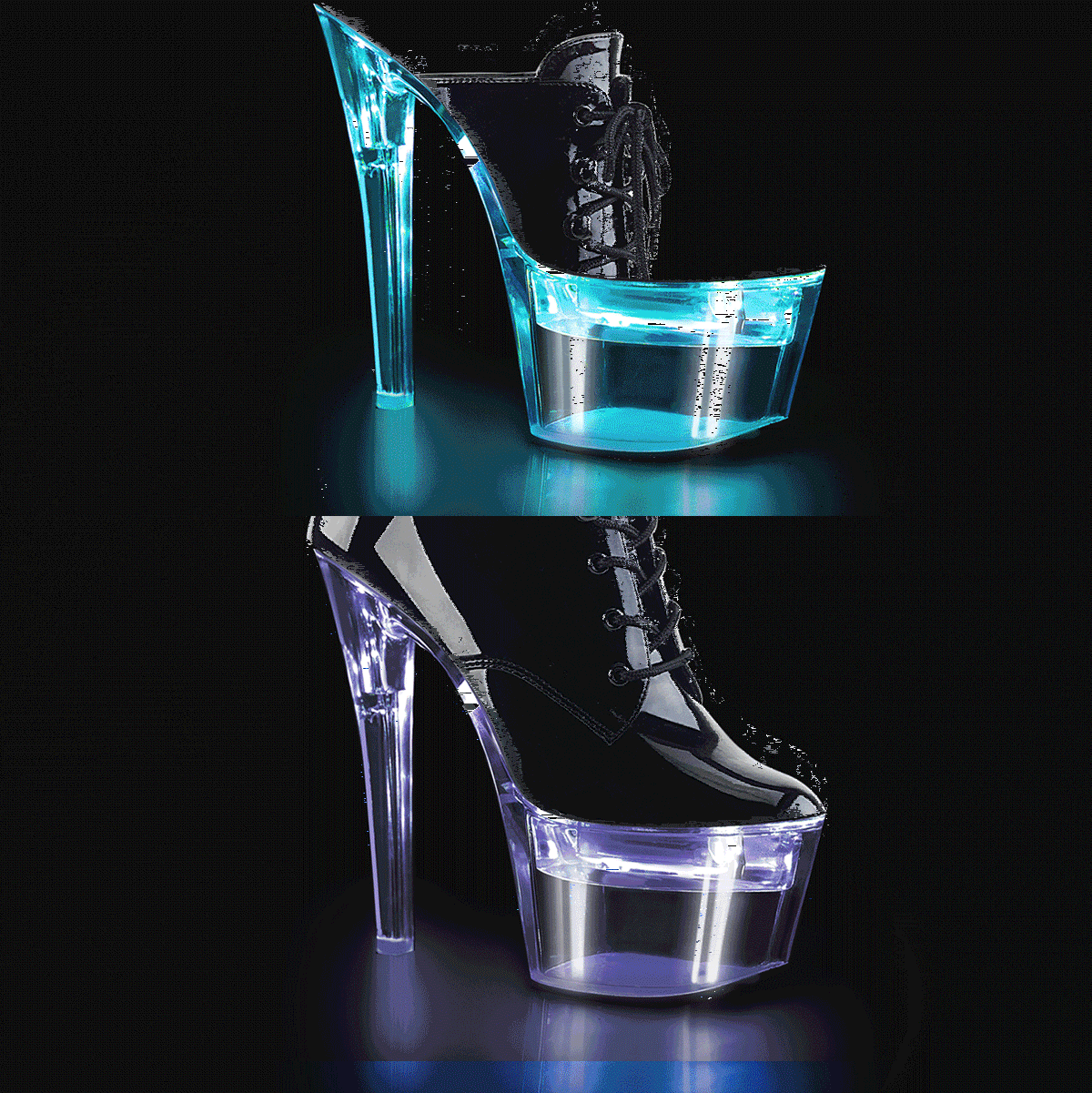 Pleaser Flashdance-1020-7 B/C - Lesklé čierne svietiace kotníkové čižmy na vysokej platforme