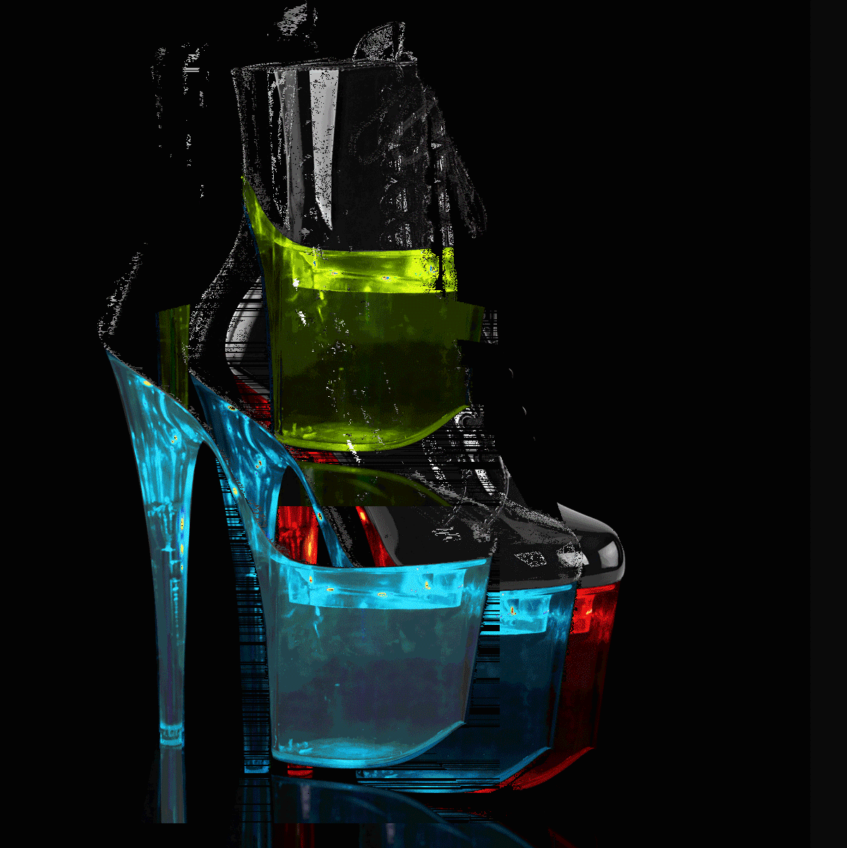 Pleaser Flashdance-1020-8 B/C - Lesklé čierne svietiace kotníkové čižmy na vysokej platforme