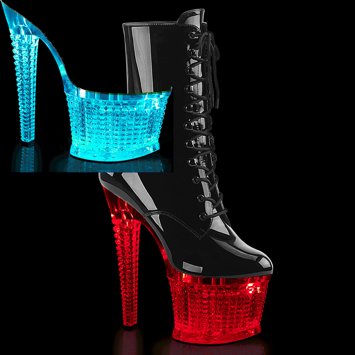 Pleaser Flashdance-1020SPEC B/C - Lesklé čierne svietiace kotníkové čižmy na vysokej platforme