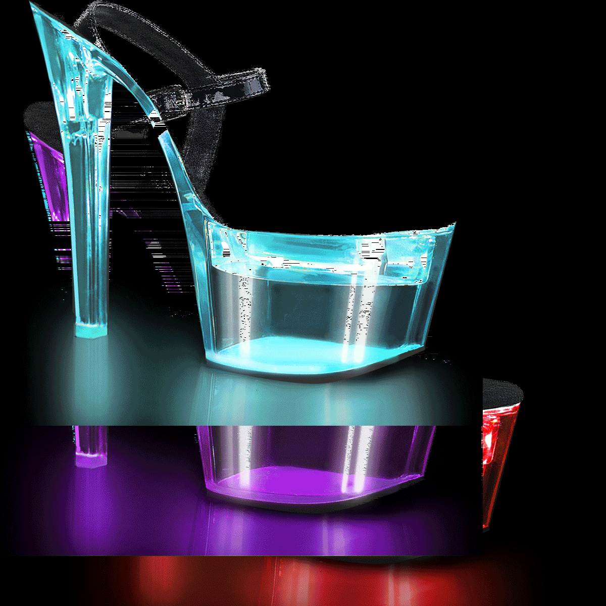 Pleaser Flashdance-709 B/C - Lesklé čierne svietiace sandále na vysokej platforme