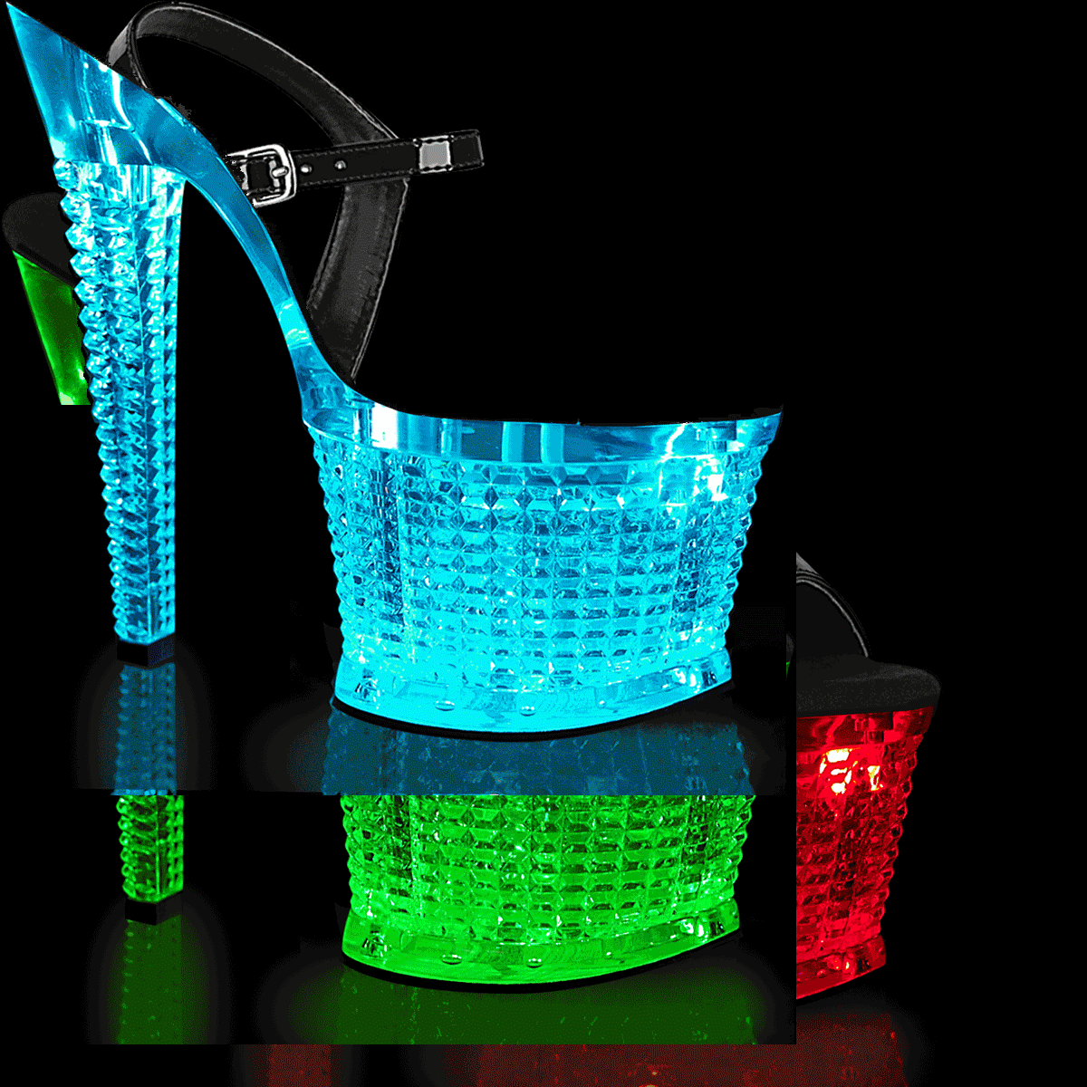 Pleaser Flashdance-709SPEC B/C - Lesklé čierne svietiace sandále na vysokej platforme