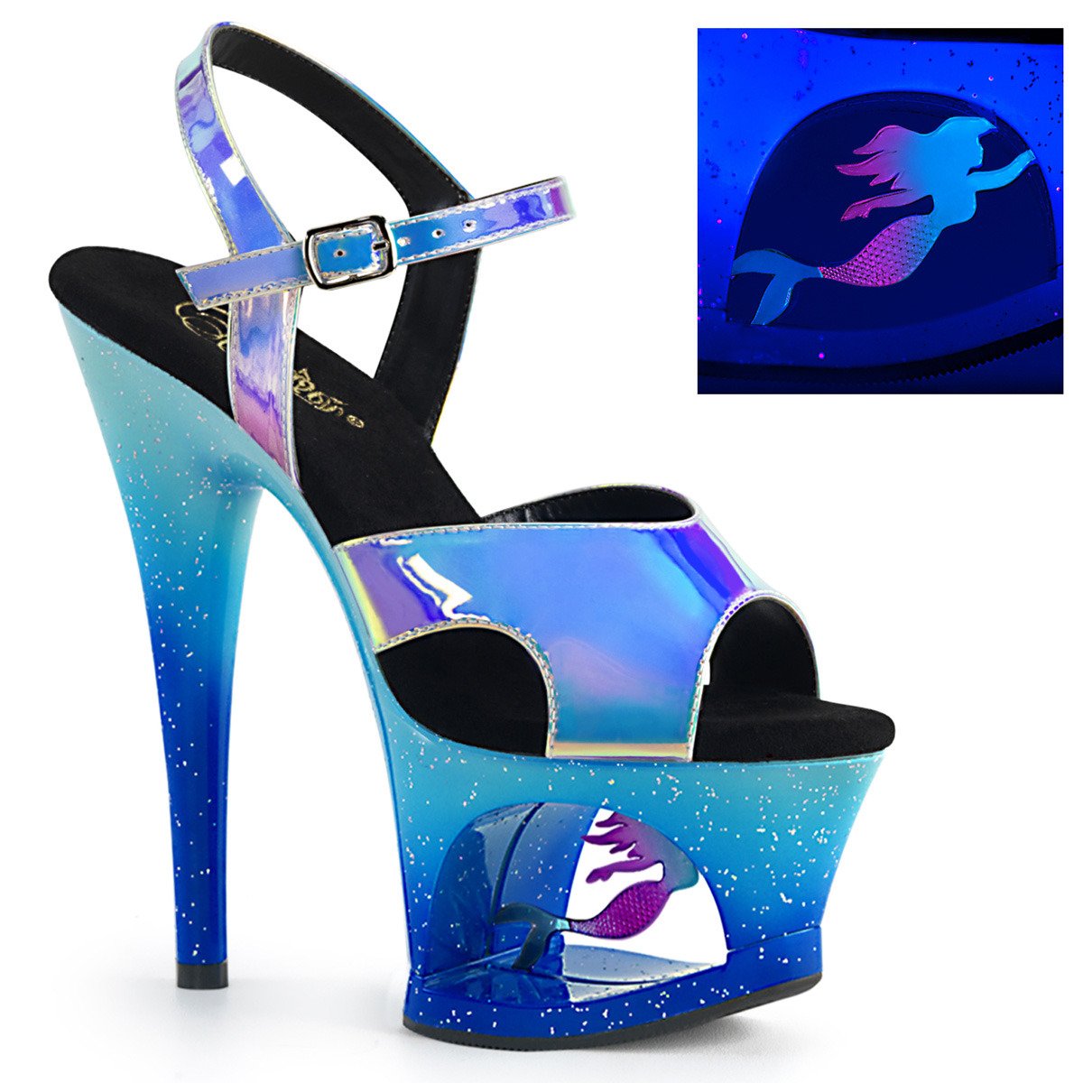 Pleaser Moon-711MER BLU/M - Modré sandále na vysokej platforme