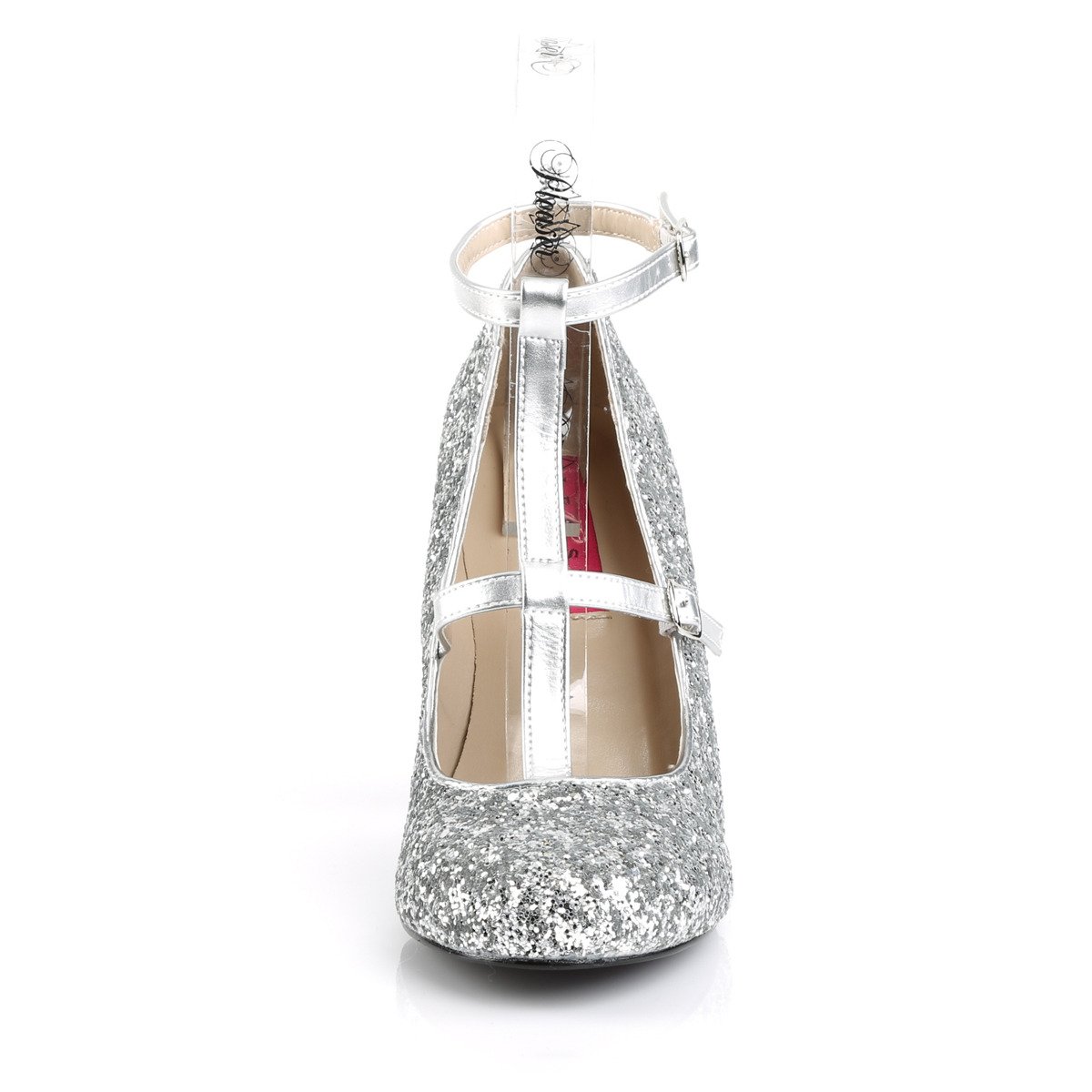 Pleaser Pink Label Queen-01 SPU-SG - Strieborné lodičky s remienkami na vysokých širokých podpätkoch