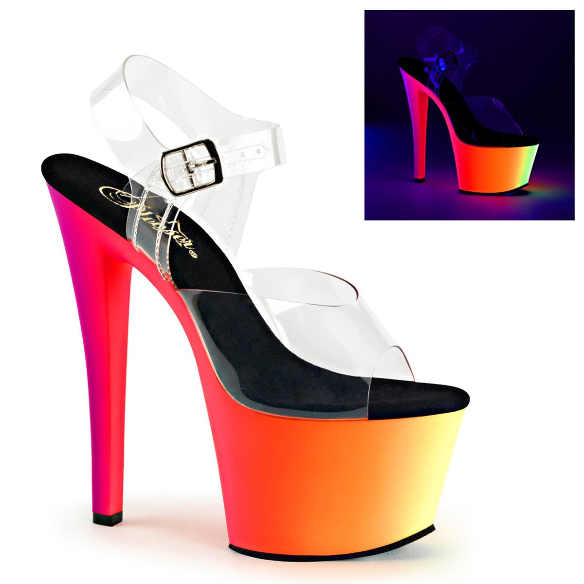 Pleaser Rainbow-308UV C/NMC - Priehľadné uv reaktívne sandále na vysokej platforme
