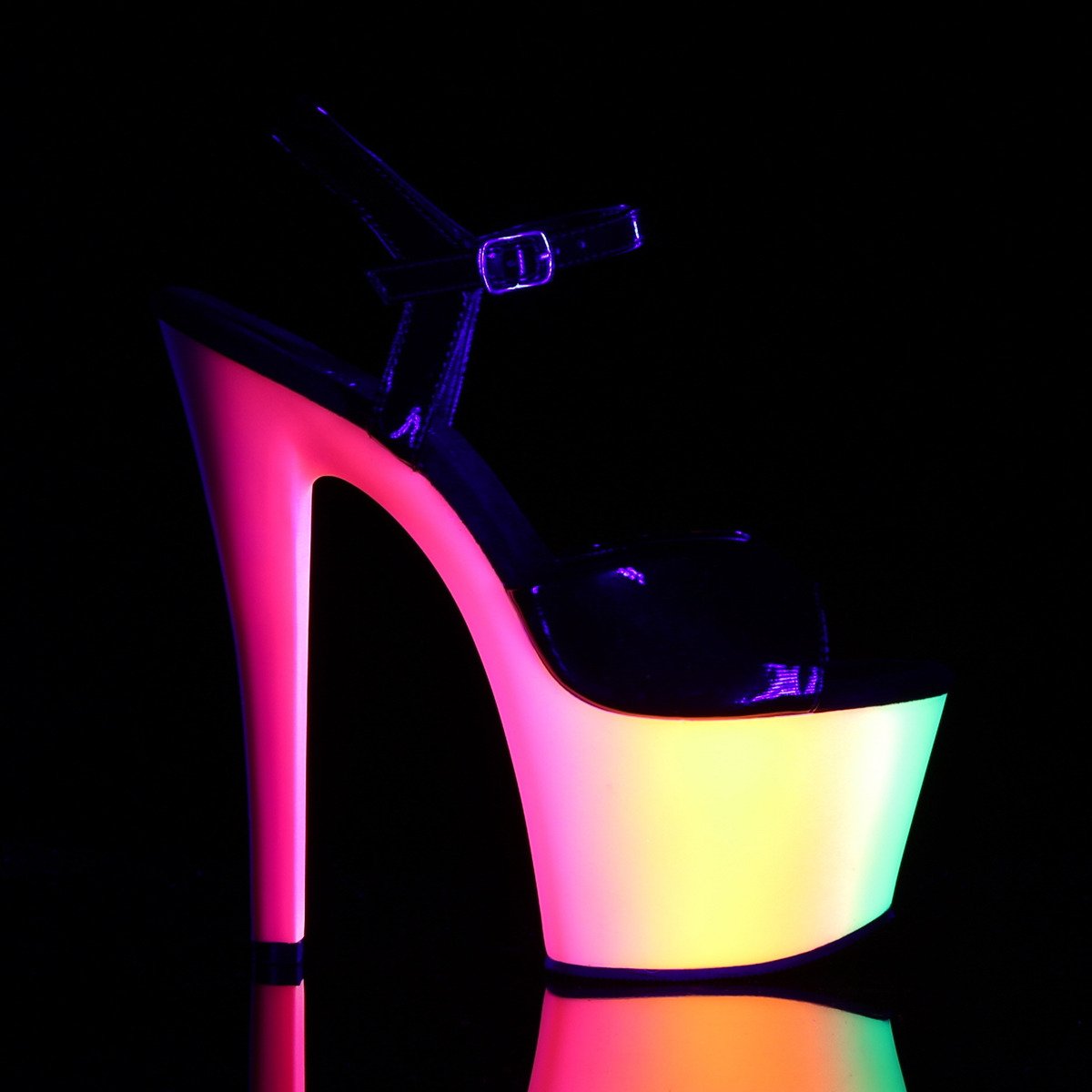 Pleaser Rainbow-309UV B/NMC - Lesklé čierne uv reaktívne sandále na vysokej platforme