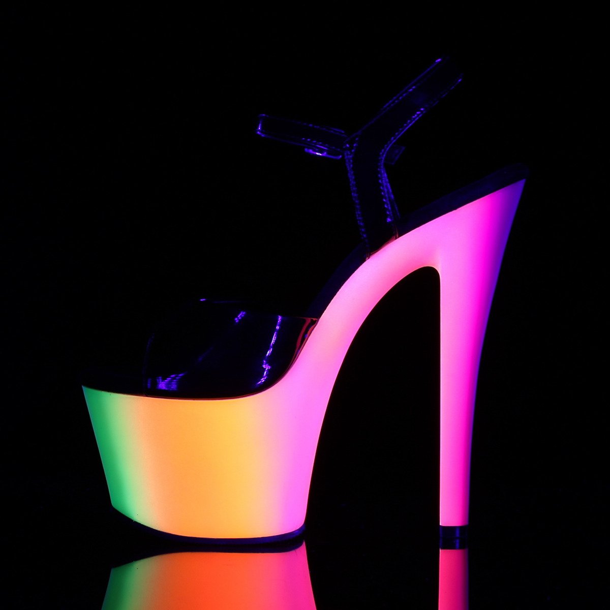 Pleaser Rainbow-309UV B/NMC - Lesklé čierne uv reaktívne sandále na vysokej platforme
