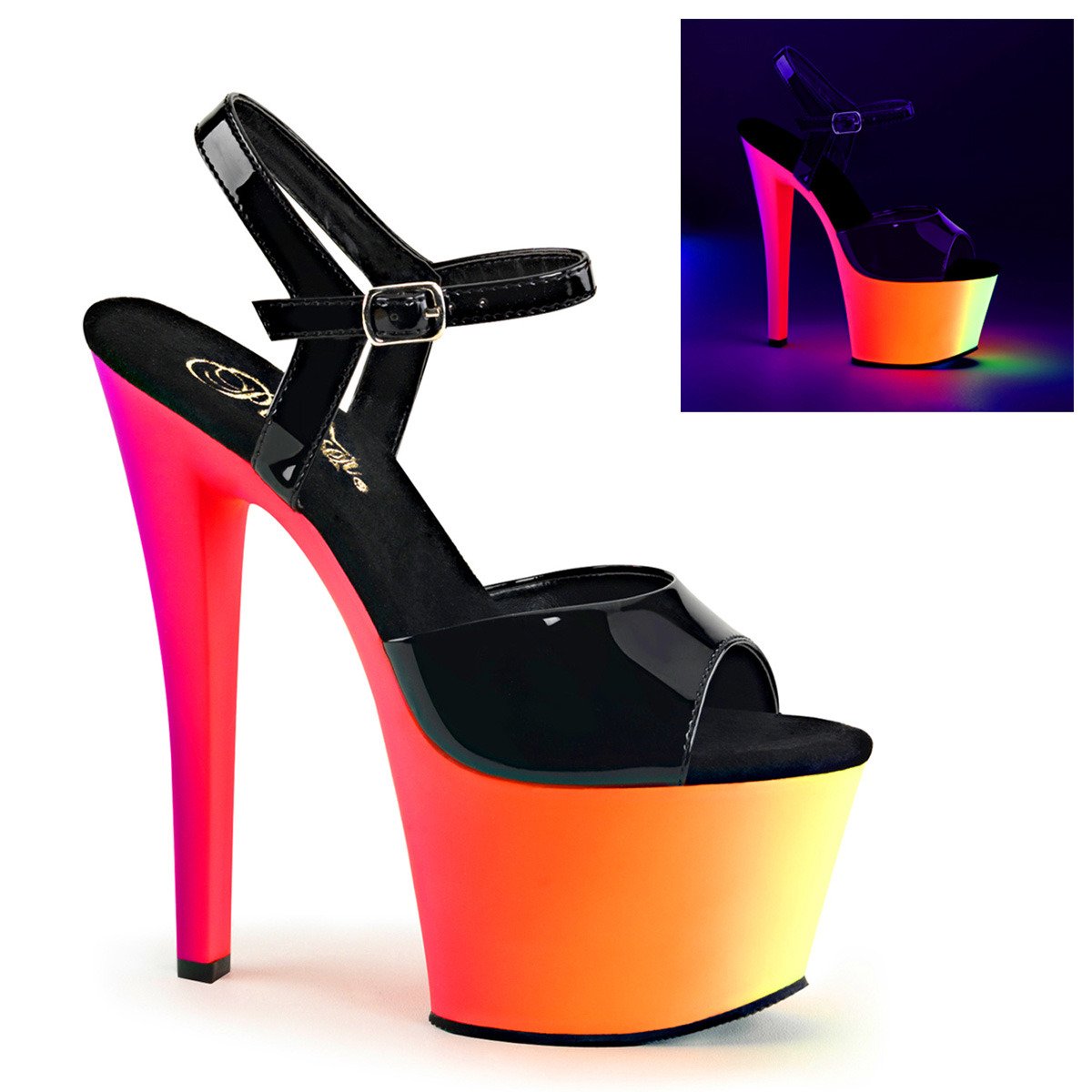 Pleaser Rainbow-309UV B/NMC - Lesklé čierne uv reaktívne sandále na vysokej platforme