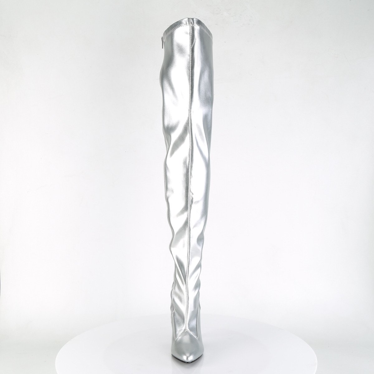 Pleaser Seduce-3000 S/PU - Strieborné čižmy nad kolená na  opätku na vysokom podpätku