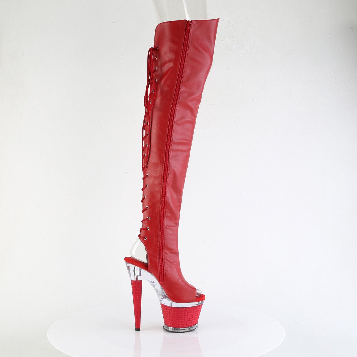 Pleaser Spectator-3030 RPU/C-R - Červené čižmy s otvorenou špičkou na vysokej platforme