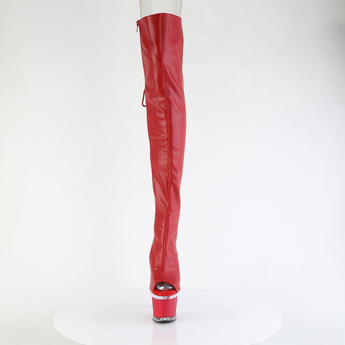 Pleaser Spectator-3030 RPU/C-R - Červené čižmy s otvorenou špičkou na vysokej platforme