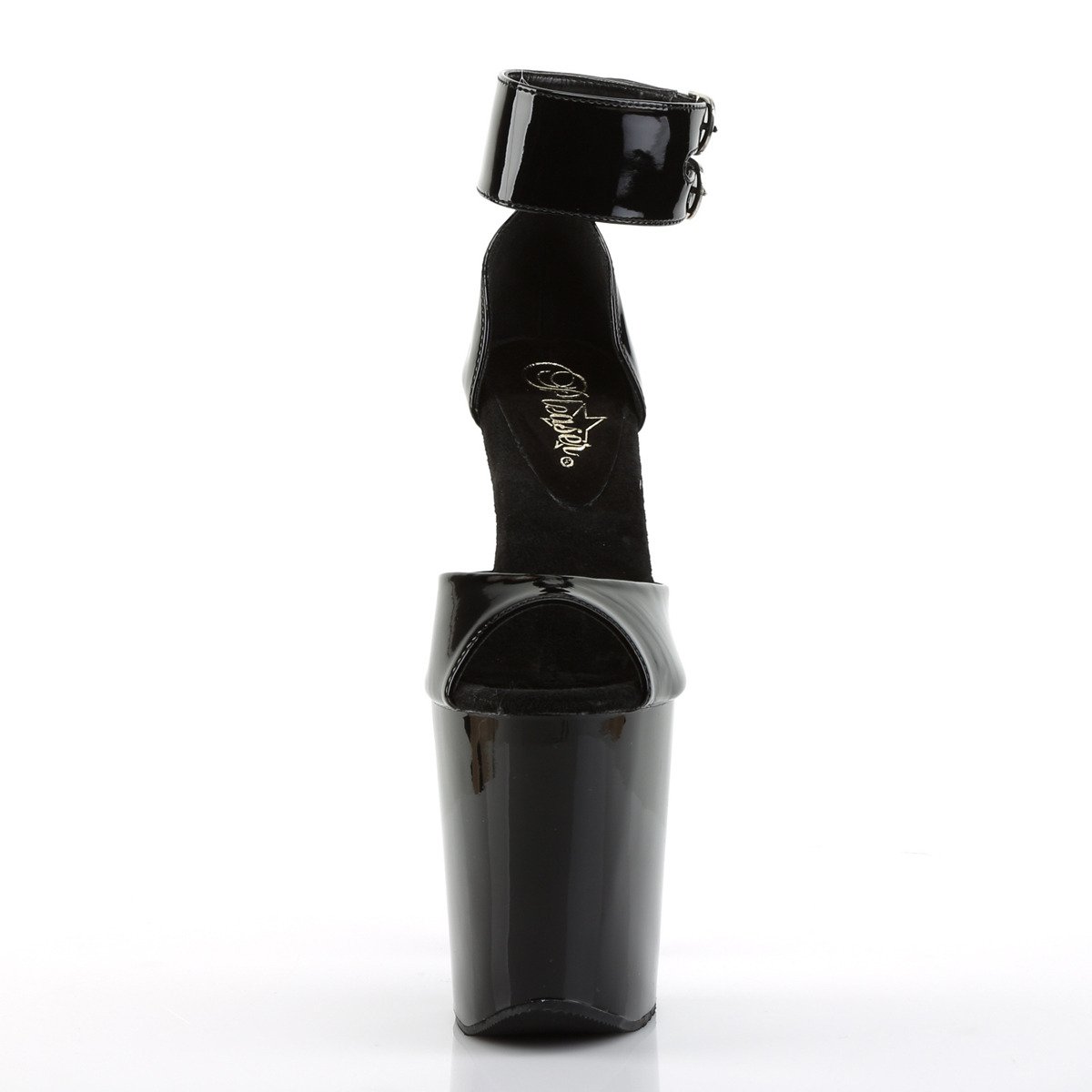 Pleaser Xtreme-875 B/M - Lesklé čierne topánky s remienkom cez kotník na vysokej platforme